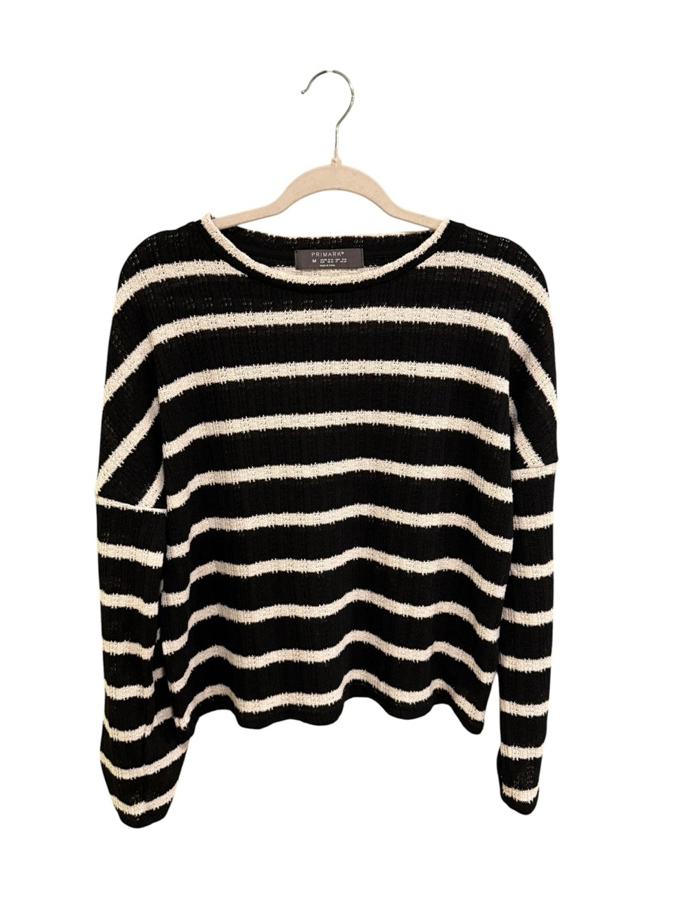 Primark Black and Cream Striped Crew Neck Sweater - Size Medium (8/10)